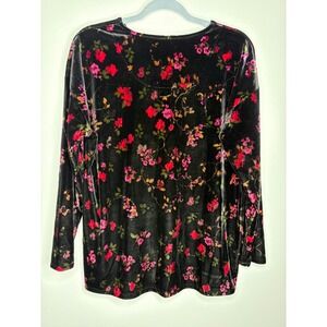 J Jill Velvet Floral Long Sleeve Top Black Pink Stretch Blouse Womens M